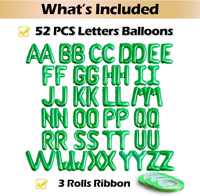 [52 PCS] 16" Foil Green Letter Balloons 2 Sets of A-Z, Mylar Aluminum Hanging Alphabet for Graduation New Year eve Birthday Party Decorations