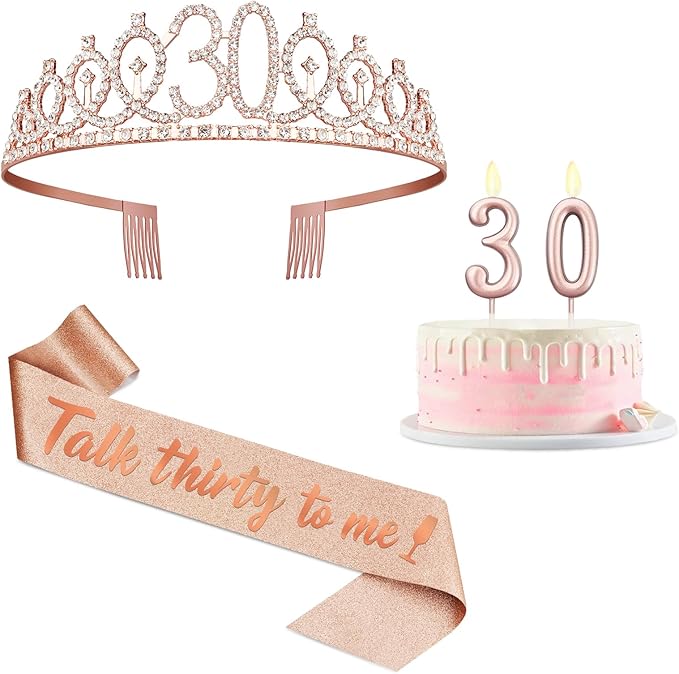 30th Birthday Decoration for Her with Rose Gold Sash, Tiara,Numbers Candles, Sincere 30th Birthday Gifts for Women