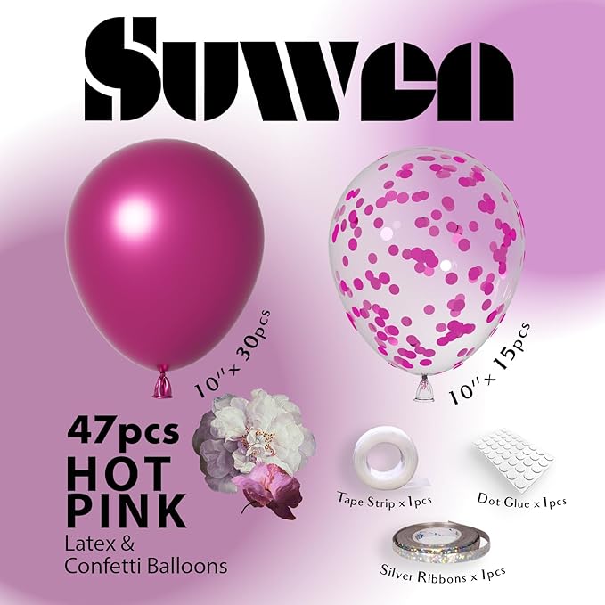 SUWEN Metallic Hot Pink Balloons and Confetti Balloons Set 47PCS Latex Helium Chrome Magenta Balloon for Birthday Valentine Anniversary Party Decorations