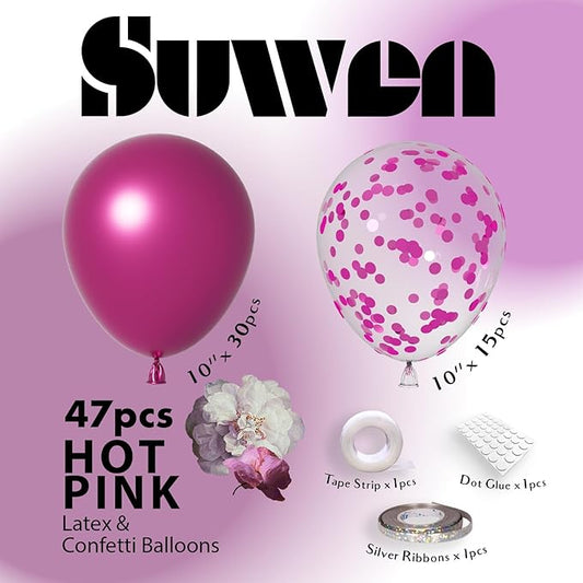 SUWEN Metallic Hot Pink Balloons and Confetti Balloons Set 47PCS Latex Helium Chrome Magenta Balloon for Birthday Valentine Anniversary Party Decorations
