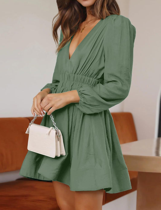 FAIABLE Mini Deep V Sexy Long Sleeve Dress for Women A-line High Waisted Casual Flowy Dress for Cocktail Wedding Guest