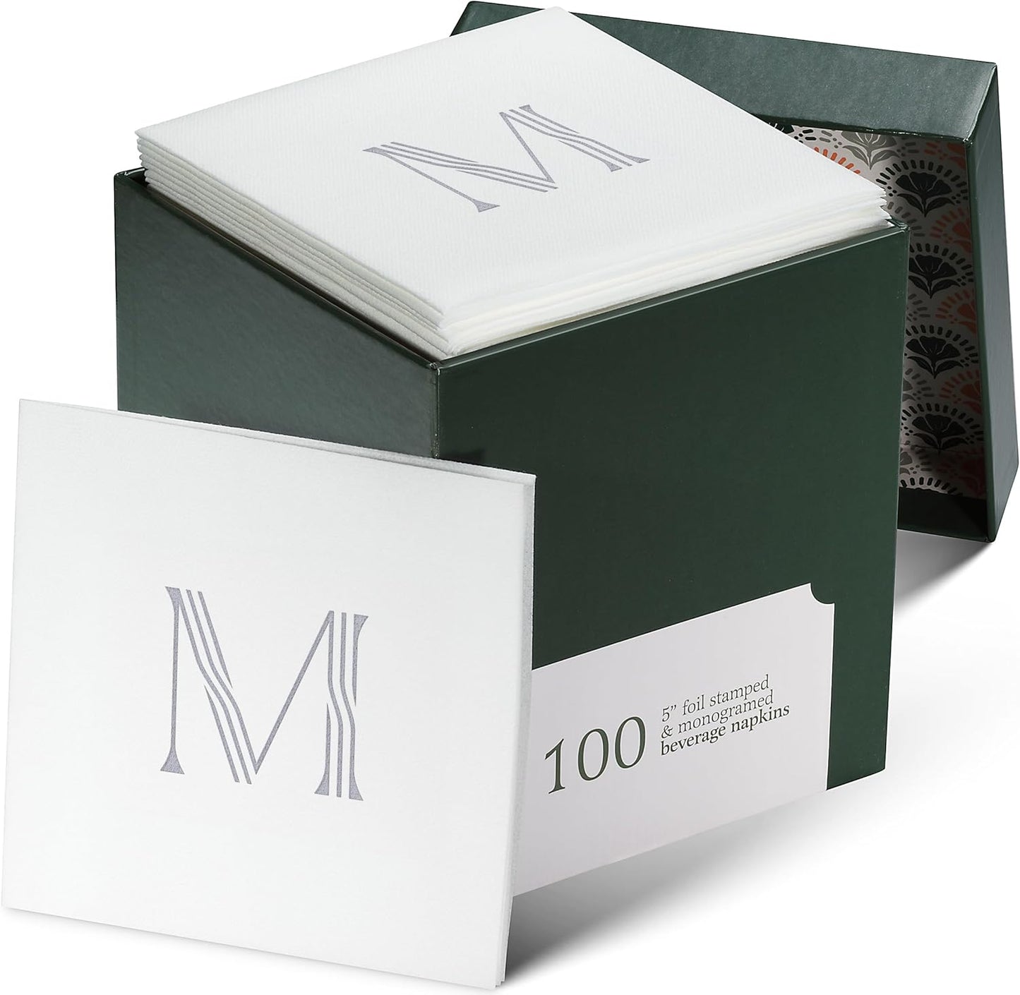 100 Pack Disposable Monogrammed Cocktail Napkins, 5"x5" Linen-Feel Silver Foil Letter M Paper Napkins, Initial White Beverage Napkins For Wedding, Party, Bar Or Holiday