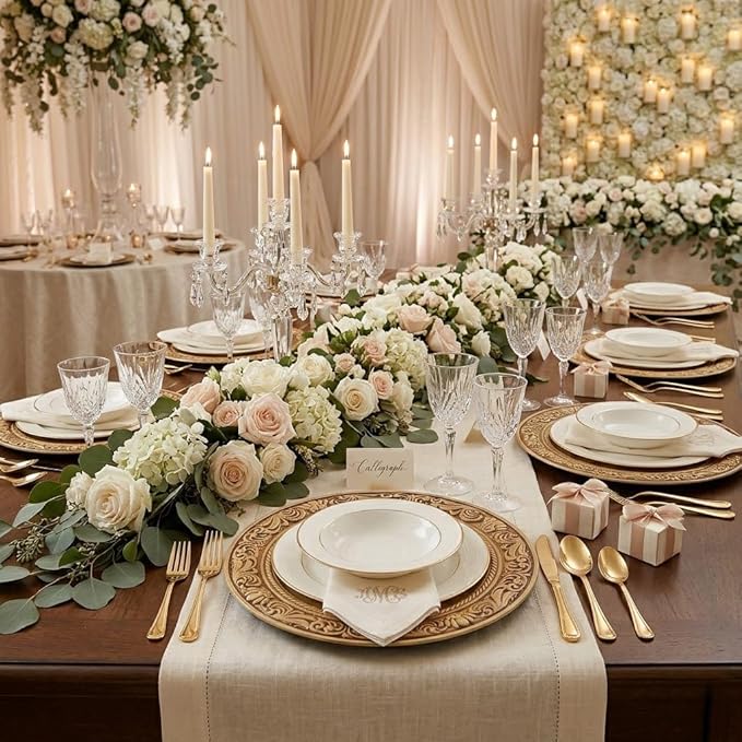 13-Inch Vintage Embossed Charger Plates, Set of 6 - Decorative Antique Gold Plastic Underplates for Dinner Party, Wedding, and Holiday Table Decor - Durable & Reusable Service Plates