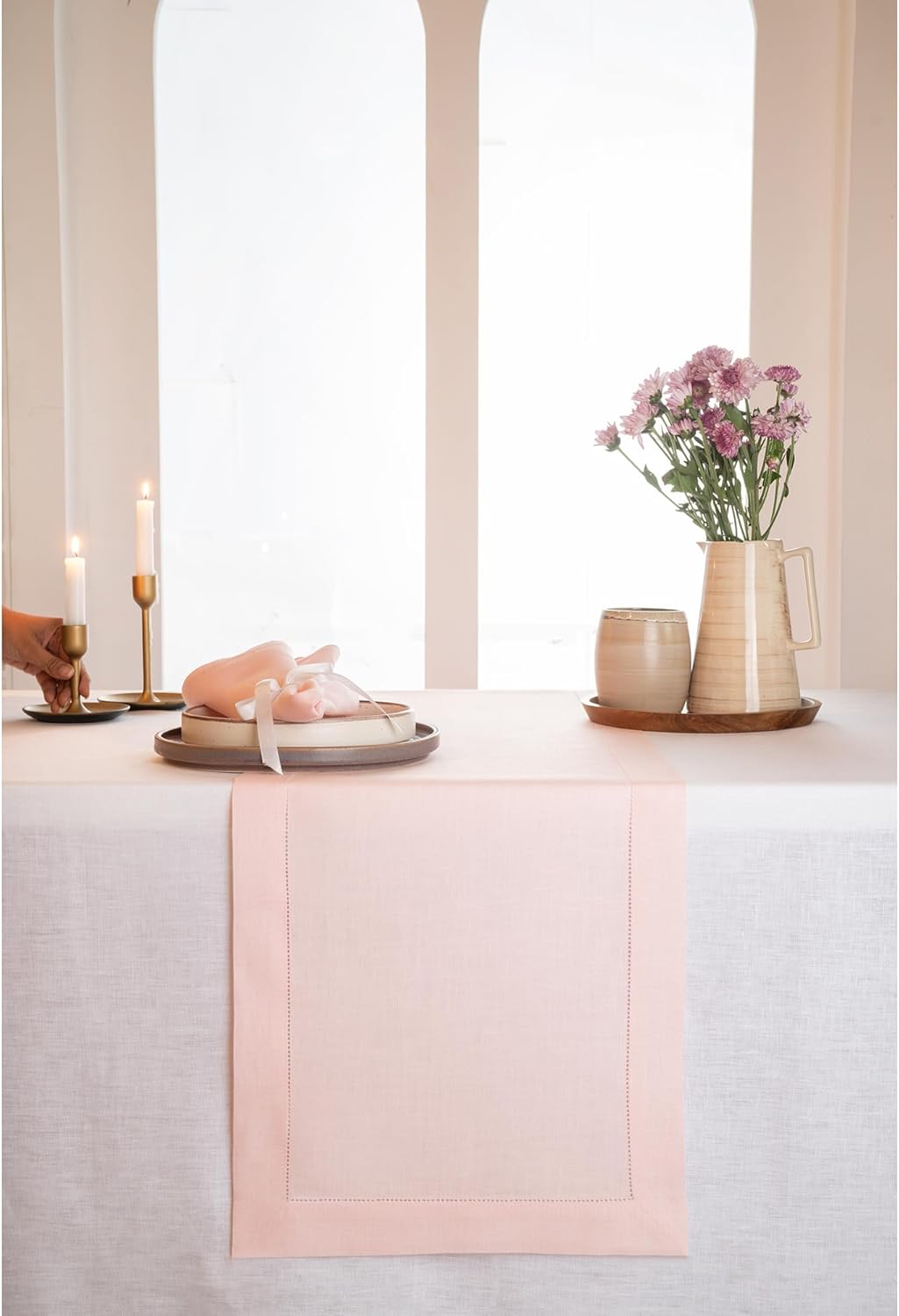 D'Moksha Homes Linen Pastel Pink Table Runner 120 Inches Long - 100% Pure Linen Hemstitch 14 x 120 Inch Table Runner for Dining, Fall, Autumn and Halloween - Classic Hemstitch
