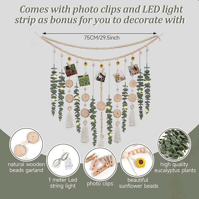 Artificial Hanging Eucalyptus Wall Decor Fake Plant Greenery Stems on 29" Sunflower Bead Garland Sage Green Boho Rustic Farmhouse Wall Art for Bathroom Bedroom Living Room