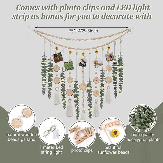 Artificial Hanging Eucalyptus Wall Decor Fake Plant Greenery Stems on 29" Sunflower Bead Garland Sage Green Boho Rustic Farmhouse Wall Art for Bathroom Bedroom Living Room