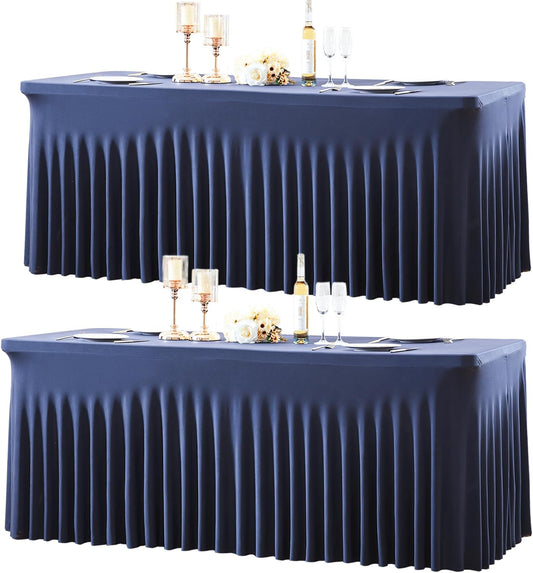 2 Pack Spandex Navy Blue Fitted Table Cloth for 6ft Rectangle Tables Navy Blue Stretch Tablecloth Table Covers Banquet Table Clothes Wrinkle Free Table Skirt for Parties Wedding