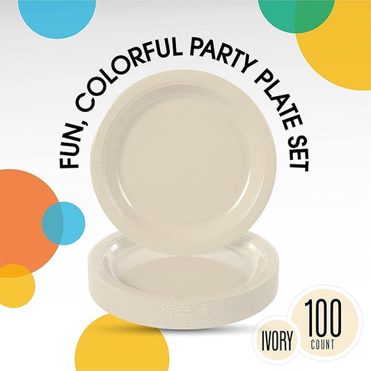 Exquisite Party Solids Ivory Paper Plates Disposable Heavy Duty 7 Inch Ivory Disposable Plates For Party 100 Pcs Heavy Duty 350 GSM, Birthday Supplies