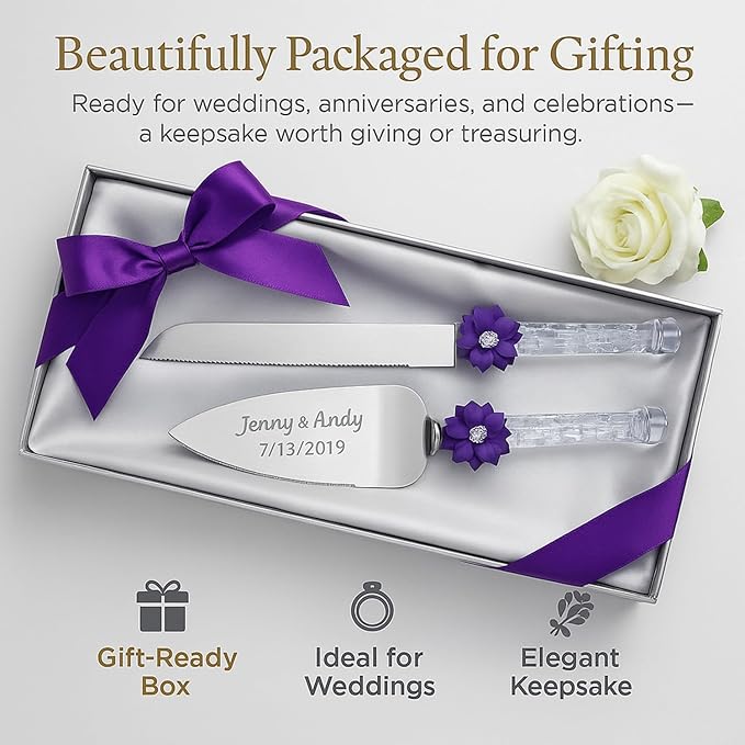 GIFTS INFINITY Personalized Wedding Cake Knife and Server Set with Engraving – Cake Cutting Utensil Set, Keepsake Gift for Wedding, Anniversary, Reception, Birthday & Other Occasions (CH-101PU)