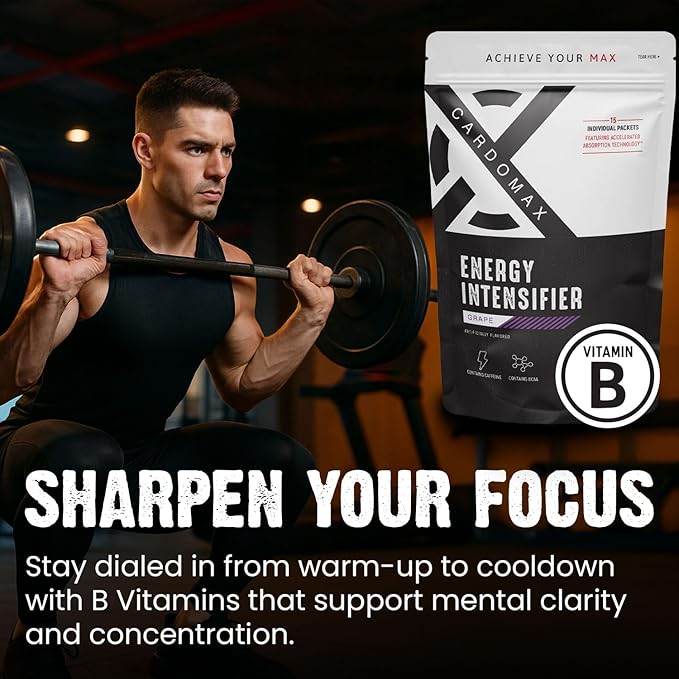 CardoMax - Energy Drink Packets - Liquid Preworkout for Men & Women Caffeine Packets with BCAA, Vitamin B12, Vitamin B6 & B3 - Sugar-Free, Zero Calorie, Vegan & Keto - 15 Stick Packs - Grape