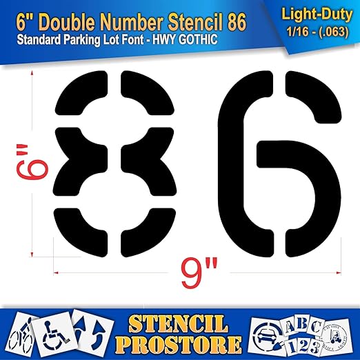 Pavement, Curb, and WheelStop Stencils - 6 inch Double Number Stencil - (86) - 6" x 9" x 1/16" (63 mil) - Light-Duty