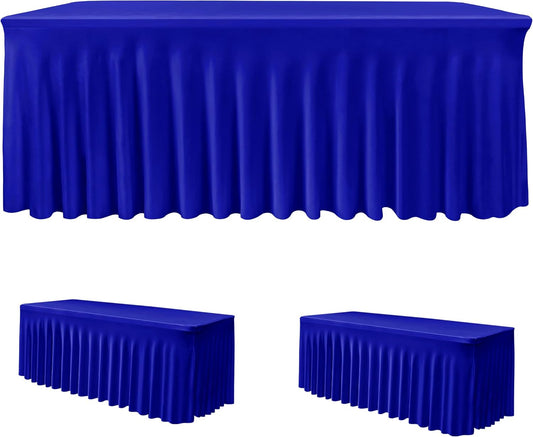 HolidayIdeas Royal Blue Spandex Table Skirts for Rectangle Tables 6ft, Fitted Stretch Table Cover 30x72 Inch, Wrinkle-Free Ruffle Design Tablecloths for Banquets,Trade Shows, Parties, Events, 2 Pack