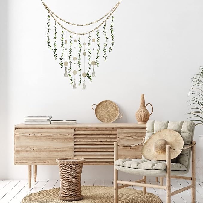 Hanging Eucalyptus Boho Wall Decor Large Boho Bedroom Wall Hanging Wooden Bead Garland Artificial Eucalyptus Natural Greenery Decoration, 36 x 36 Inch (Simple Color, Wood Chip Style)