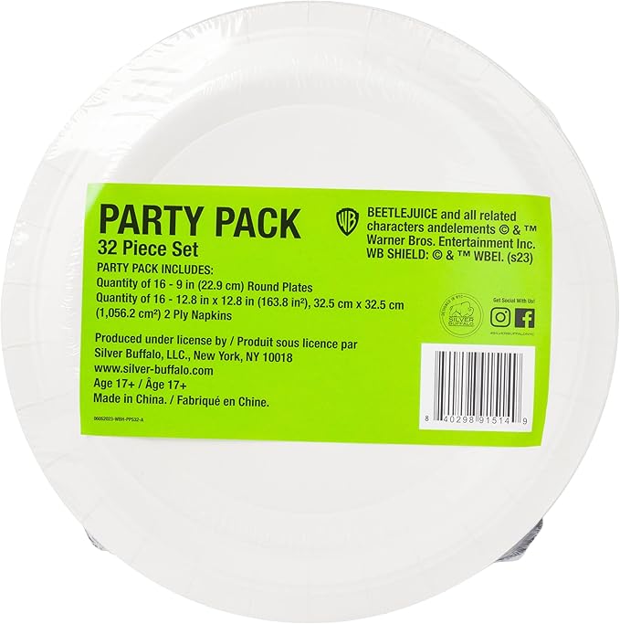 Silver Buffalo Tim Burton's Beetlejuice 32 Pack Partyware Disposable Paper Plates and Napkins