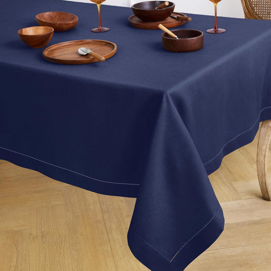 Solino Home Linen Tablecloth 60 x 108 Inch - Classic Hemstitch 100% Pure Linen Navy Blue Table Cloth for Rectangle Tables - Machine Washable Tablecloth for Fall, Thanksgiving, Christmas, Holiday