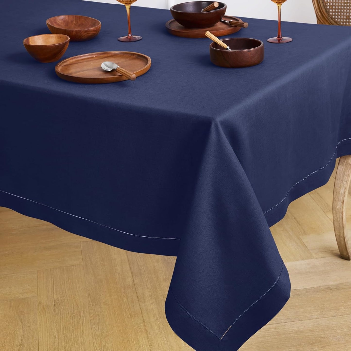 Solino Home Navy Blue Linen Tablecloth 60 x 120 Inch - 100% Pure Linen Hemstitch Table Cloth for Rectangle Tables - Classic Hemstitch, Machine Washable Tablecloth for Fall, Thanksgiving, Christmas