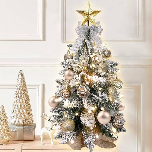 Small Christmas Tree with Light for Table Top, Mini Tabletop Christmas Tree with Decoration, 2FT Pre-lit Artificial Flocked Christmas Tree for Home, Office, Desk, Gold