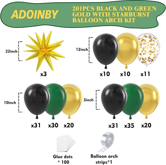 Green and Gold Black Balloon Arch Kit, 201Pcs Explosion Star Emerald Forest Dark Green Metallic Gold Black Balloons Garland for Birthday Baby Shower Jungle Graduation Prom Party Decorations