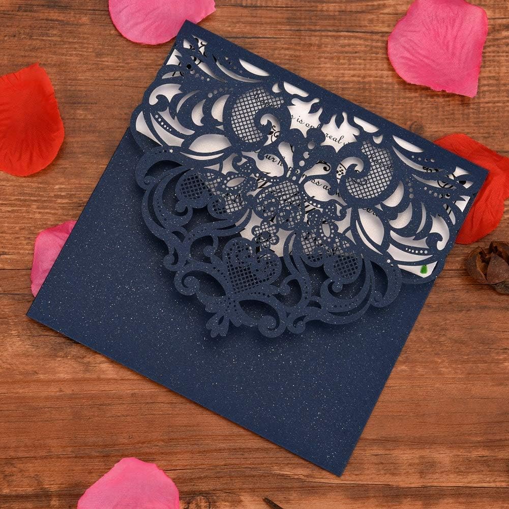 FOMTOR Navy Blue Laser Cut Invitations 50 Pack Laser Cut Wedding Invitations Card Kit with Blank Printable Paper and Envelopes for Wedding,Birthday Parties,Baby Shower
