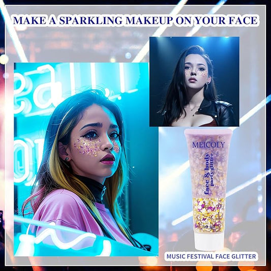 MEICOLY Face Glitter Makeup for Music Festival,Country Concert Outfits for Women, Holographic Gold Silver Purple Body Glitter,Halloween Party Accessories Self-Adhesive Glitter Face Paint,50ml
