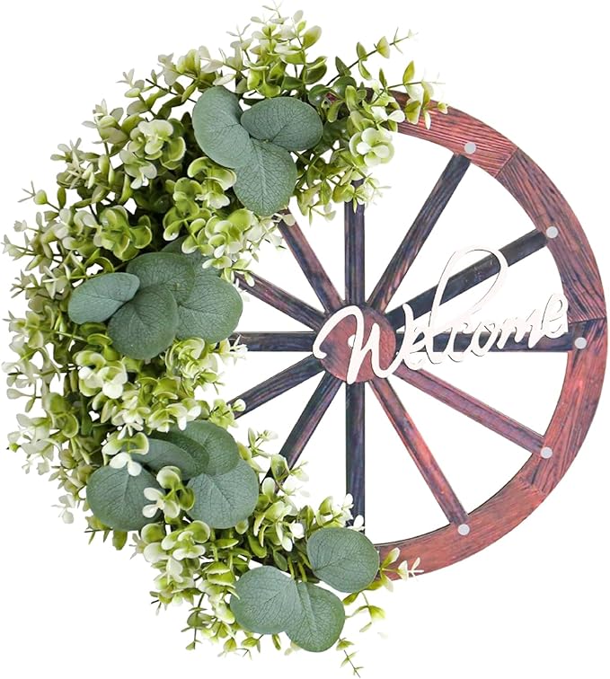 Eucalyptus Leaves Wreath,Wooden Wheel Wreath Artificial Wreath Wheel Garland Door Hanging Spring Summer Green Leaves Wreath with Welcome Sign for Farmhouse Home Indoor Outdoor Decor