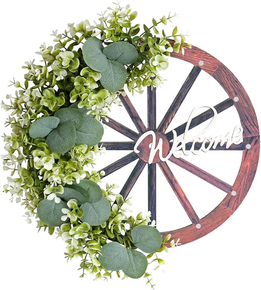 Eucalyptus Leaves Wreath,Wooden Wheel Wreath Artificial Wreath Wheel Garland Door Hanging Spring Summer Green Leaves Wreath with Welcome Sign for Farmhouse Home Indoor Outdoor Decor