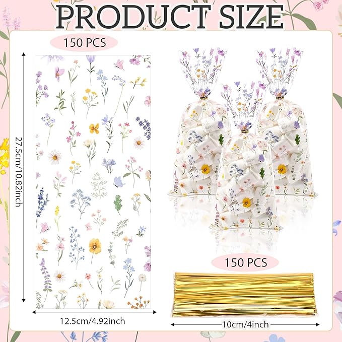 Sanixin 150Pcs Wildflower Party Cellophane Treat Bags Floral Goodie Candy Bags for Baby Shower Mother's Day Wedding Bridal Shower Birthday Party Supplies