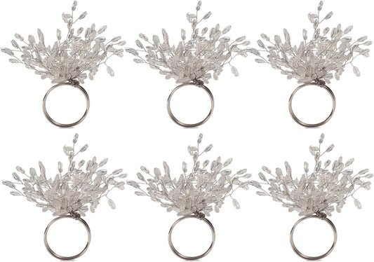DII Christmas Thanksgiving Holiday Tabletop Décor Collection Decorative Napkin Ring Holder Set, 4" Diameter, Silver Beaded Starburst, 6 Piece