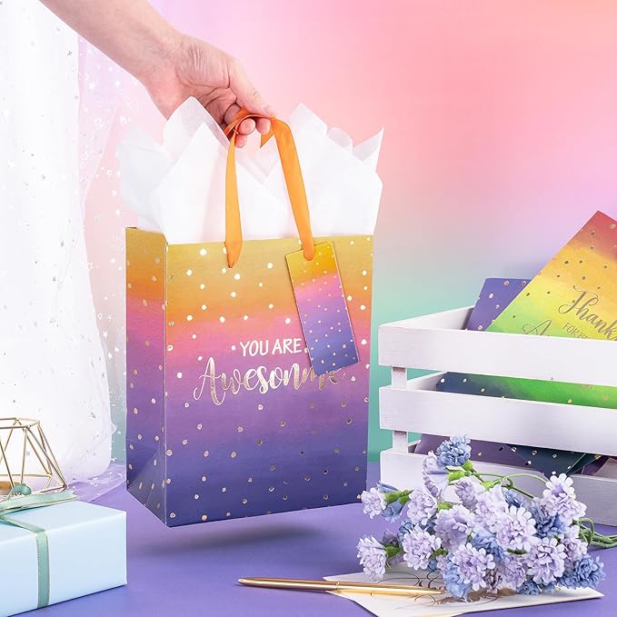 Loveinside Medium Size Gift Bags, Employee Appreciation Thanks Pattern Gift Bag with Tissue Paper for Shopping, Parties, Wedding, Baby Shower, Craft-4 Pack, 7" X 4" X 9"