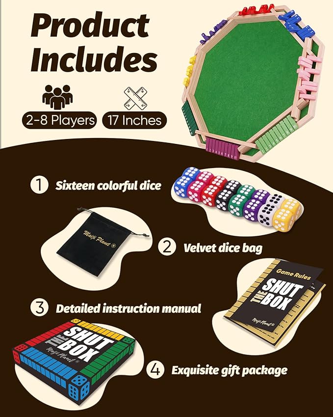 Maiji Planet Deluxe 2-8 Player Original Shut The Box Game, Math Dice Board Game for Family Night Classroom Travel, Wooden Classic Table for Group Kid Adult Senior Travel Party Bar Easy Quick and Fun