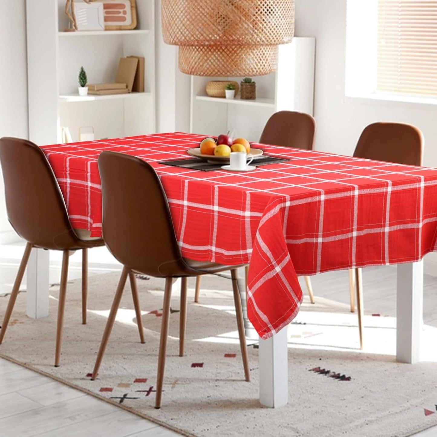 Urban Villa Tablecloth Big Checks Table Cloth Tabletop Cover Kitchen Dining Tablecloth 100% Cotton Great Parties Wedding Holiday Red White Rectangle 60X84 Inches 6-8 Seats Table Cloth