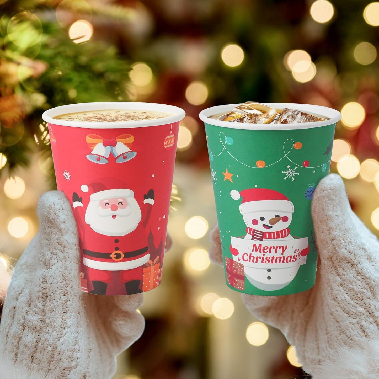 Lamosi Christmas 100 Pack 12 OZ Coffee Cups, Disposable Paper Cups for Hot/Cold Beverage, Leak-Free Paper Coffee Cups for Cafe, Restaurant, Office and Home