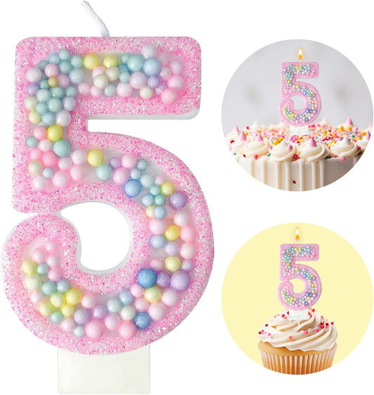Zlongron Birthday Number Candles, Handmade Macaron 3D Flash Number 5 Candle, Suitable for Girls and Boys' Birthdays, Weddings, Anniversaries, Theme Party Cake Decorations