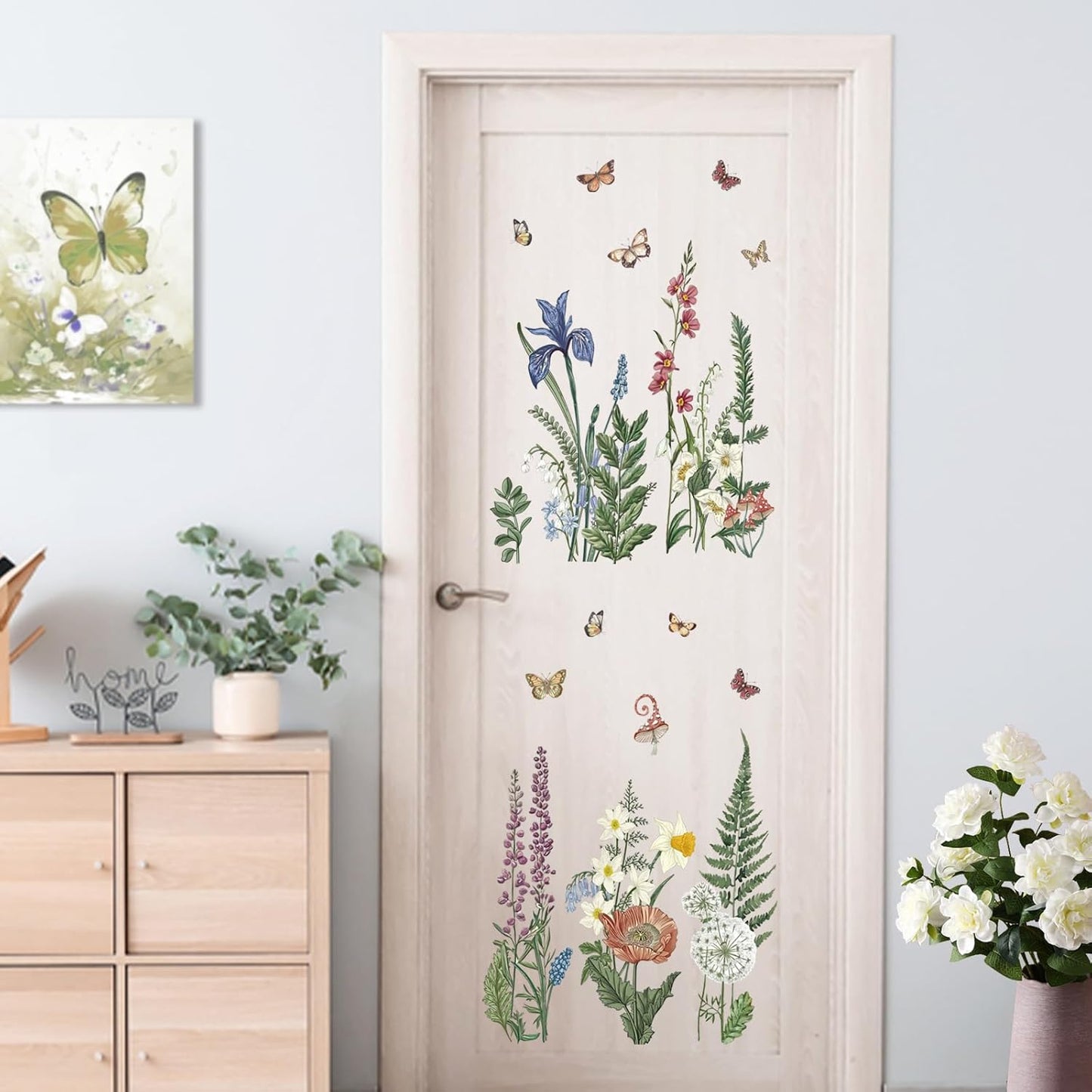 Yovkky Spring Summer Flower Fern Plants Wall Decals Stickers, Natural Botanical Floral Butterfly Home Bedroom Decor, Plant Wildflower Seasonal Living Room Kitchen Decorations Art