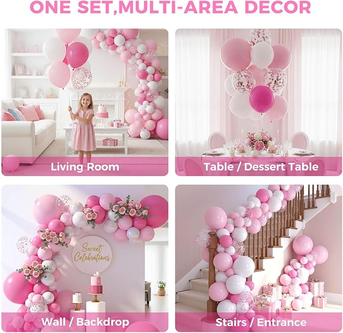 LovesTown Pink Balloon Garland Kit, 150PCS Arch Kit Pastel Light Pink White Balloons Pink Confetti Metallic Latex Balloons for Wedding Party Decorations