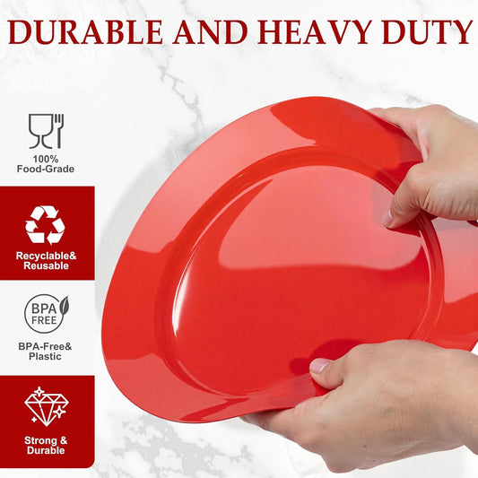 FLOWERCAT 200PCS Red Plastic Plates Disposable Plates for Party - Heavy Duty Plastic Plates - 10" &7" Plate for 100 Guests New Year Parties and Events &Christmas