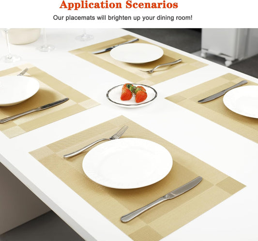 Placemats Set of 12,Washable,Heat and Stain Resistant Indoor/Outdoor Place mats,Vinyl Woven Non Slip Table Mats for Restaurant Table Protection,PVC Placemats(Gold 12PCS)