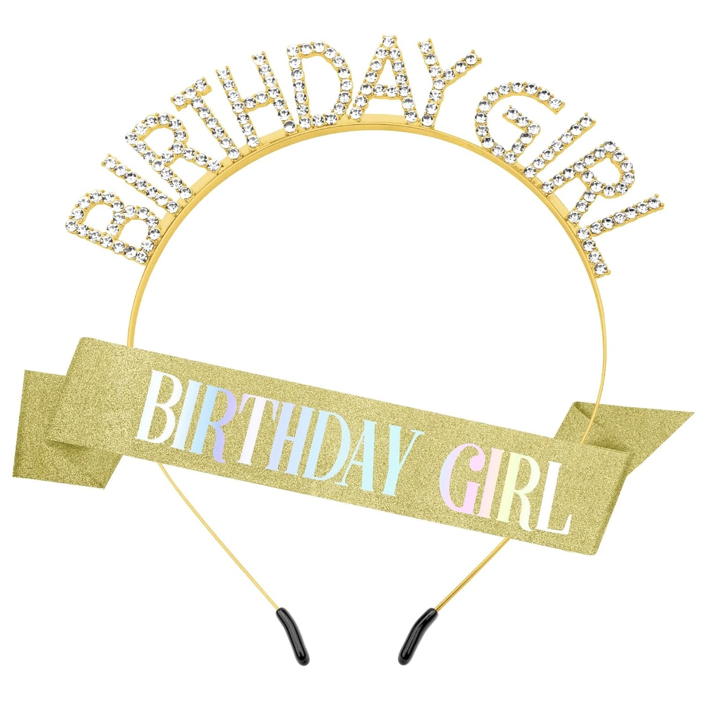 Women's Birthday Girl Sash and Crown Set: Glitter Gold Yellow Rhinestone Headband, Happy Princess Tiara Accessories