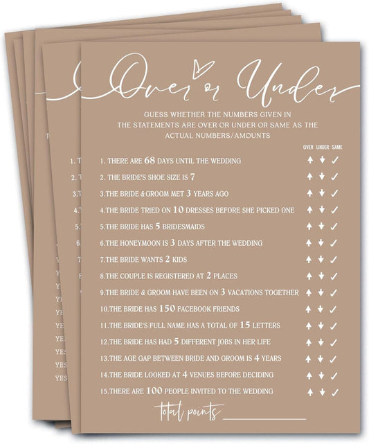 Bridal Shower Games Cards, Guess Over or Under, 25 Guests, Engagement Party Wedding Games, Minimalist Brown Wedding Party Supplies - D13