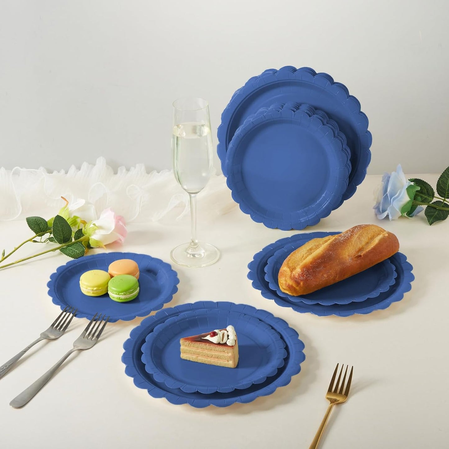BEFORYOU 50PCS Scalloped Disposable Paper Plates 9IN Dessert Cake Party Plates for Baby Shower, Wedding,Bridal Shower Birthday Party Supplies (Navy Blue, 7IN and 9IN)