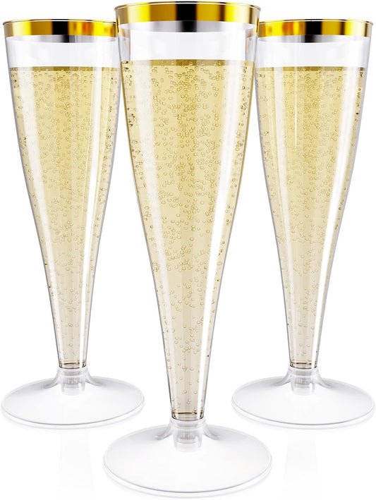 JOLLY CHEF 36 Count Plastic Champagne Flutes 4.5 oz Gold Rim Clear Disposable Toasting Glasses