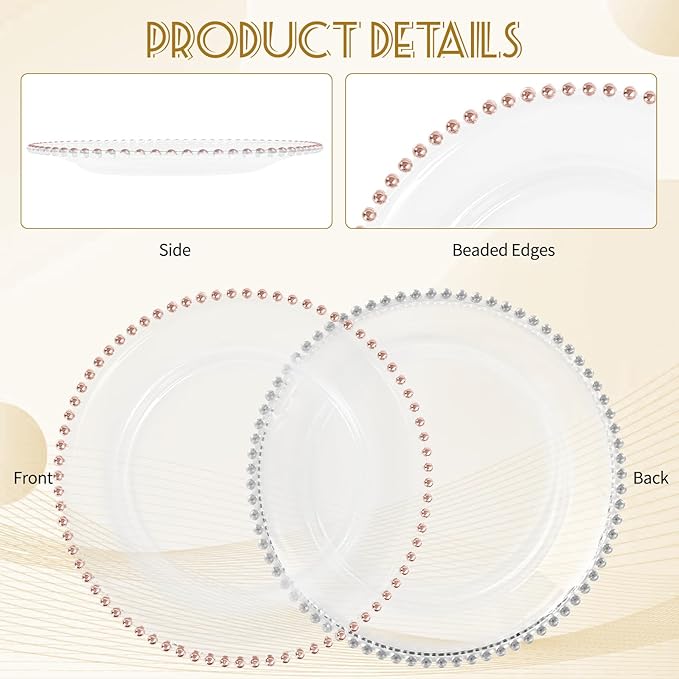 12 PCS Clear Round Charger Plates with Beaded Rim, 13 Inch Plastic Acrylic Plate, Plastic Round Beaded Dinner Decorative Service Plates for Wedding Party Event, Home Kitchen Tabletop(Pink)