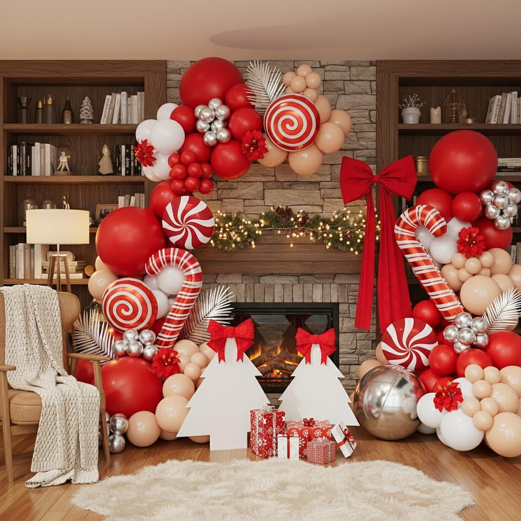Christmas Balloon Garland Arch Kit, Red White Silver Apricot Balloons Candy Cane Foil Balloons Christmas Backdrop for Xmas Winter Holiday Party Decorations