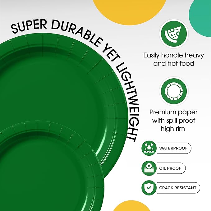 Exquisite Emerald Green Paper Plates Disposable Heavy Duty 100 Pcs - 50-7" & 50-9" Emerald Green Disposable Plates For Party Heavy Duty Paper Plate 350 GSM Birthday Party Supplies Plate Set