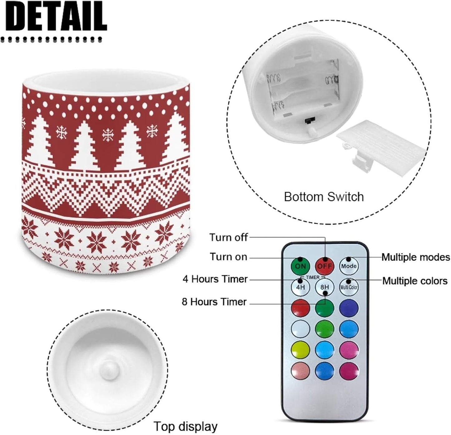 Poceacles 4 Pack Christmas LED Flameless Candles Battery Operated with Remote Timer Holiday Party Events Tea Lights with 12 Colors Options for Home Decor, Christmas Tree Snowflake Print Red White