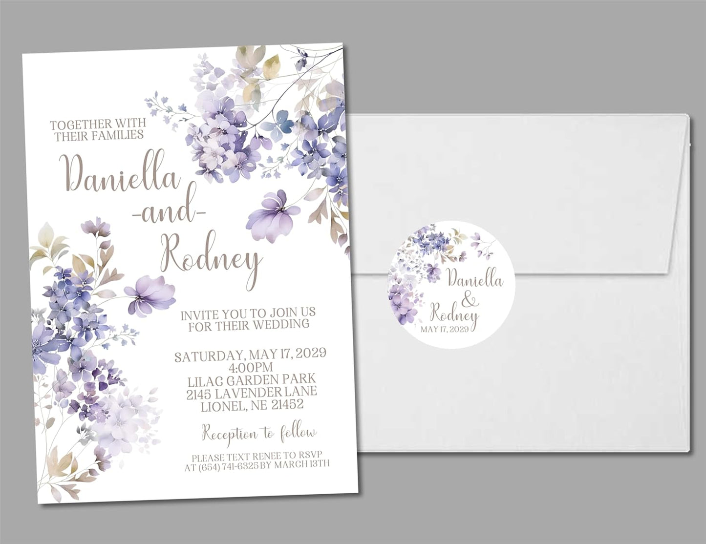 Lavender & Purple Wedding Invitations, Garden Floral, Personalized, Set of 12 Invitations with Envelopes