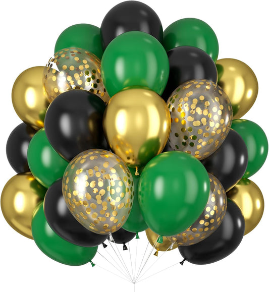 Black Gold Green Balloons for Graduation Party Decorations 60PCS 12INCH Dark Green Metallic Chrome Gold Confetti Balloon Green Gold Black Helium Latex Balloons Jungle Tropical Wild Theme Birthday