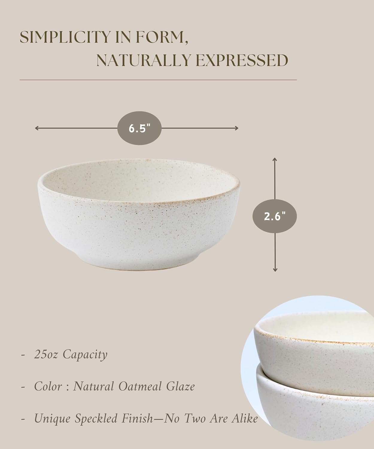 Stoneware Bowl Set of 4-25oz, 6.5" Ceramic Serving Bowls for Salad, Cereal, Soup & Fruit - Microwave & Dishwasher Safe - Rustic Minimalist Design - Oatmeal Cream - Ideal Gift