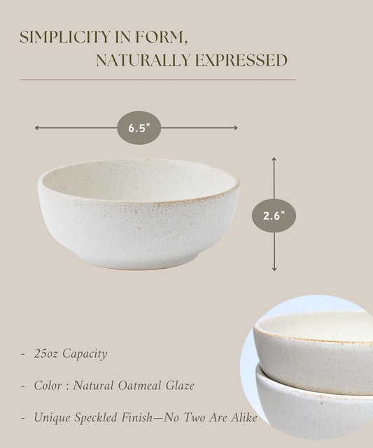 Stoneware Bowl Set of 4-25oz, 6.5" Ceramic Serving Bowls for Salad, Cereal, Soup & Fruit - Microwave & Dishwasher Safe - Rustic Minimalist Design - Oatmeal Cream - Ideal Gift