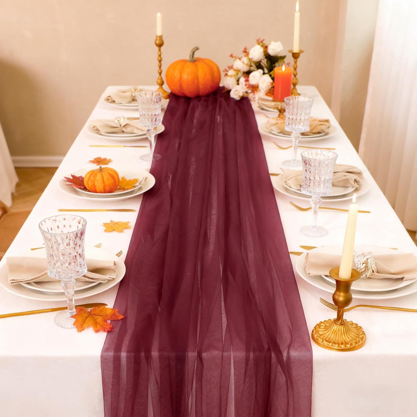 Snowkingdom Burgundy Red Fall Thanksgiving Table Runner, 10 FT Sheer Gauze Tulle Cheesecloth Fabric, Boho Elegant Table Decoration for Home Party Wedding Birthday Baby Shower Christmas Holiday